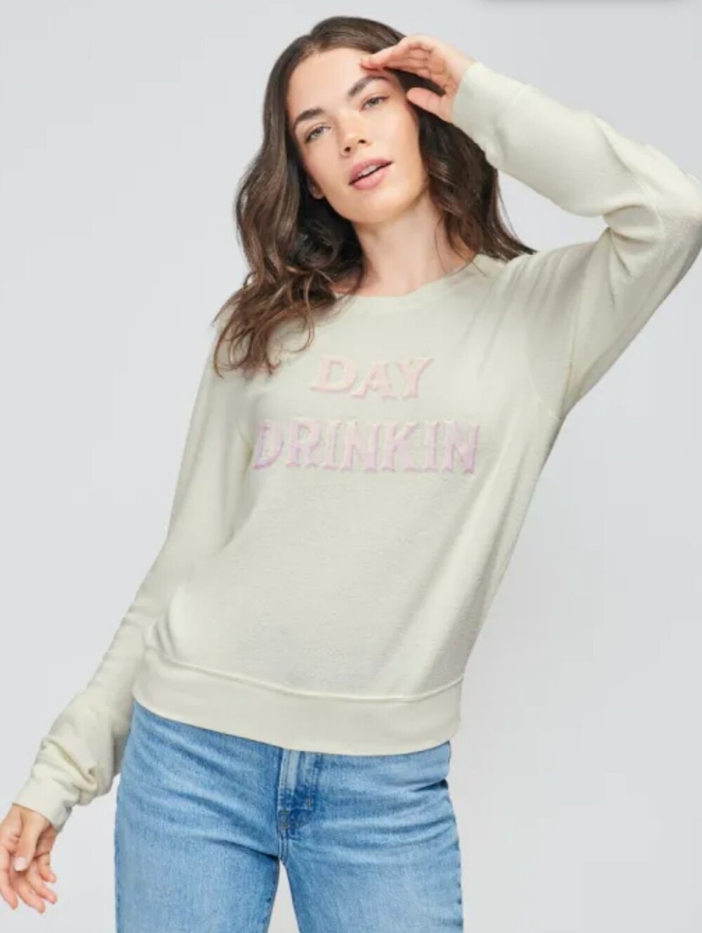 Wildfox Cream Sweatshirt with Pink Script Day Drinkin